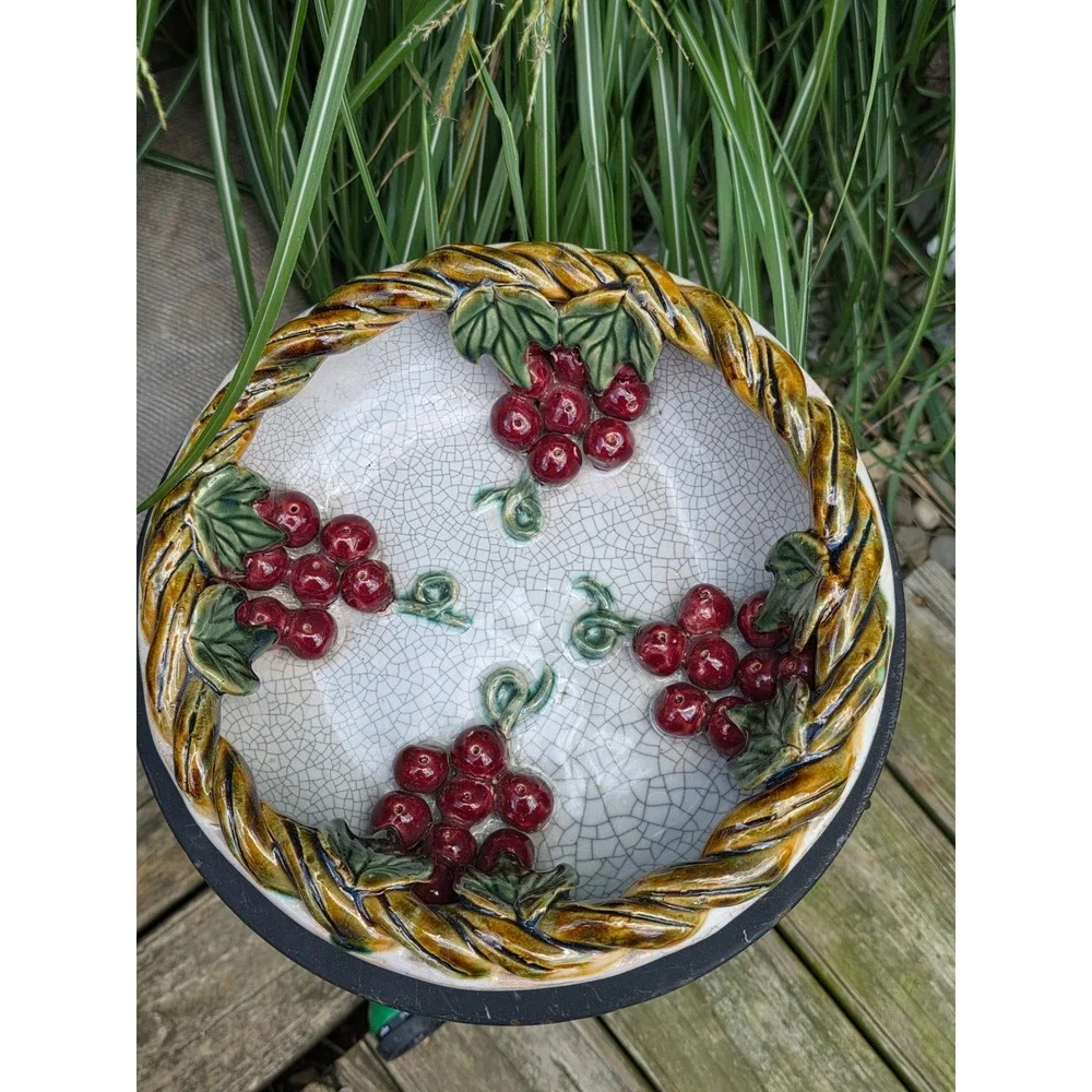 Vintage Handmade Ceramic Crackle Glaze Grape Bowl 3D Raised Fruit Rope RimDecor